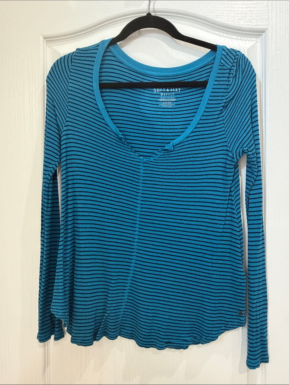 American Eagle, soft and sexy waffle Teal and Black Striped Long Sleeve Top